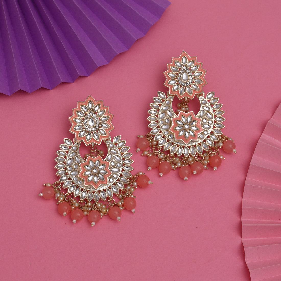 Peach Color Kundan Meena Earrings (KDE835PCH) Earrings GetGlit   