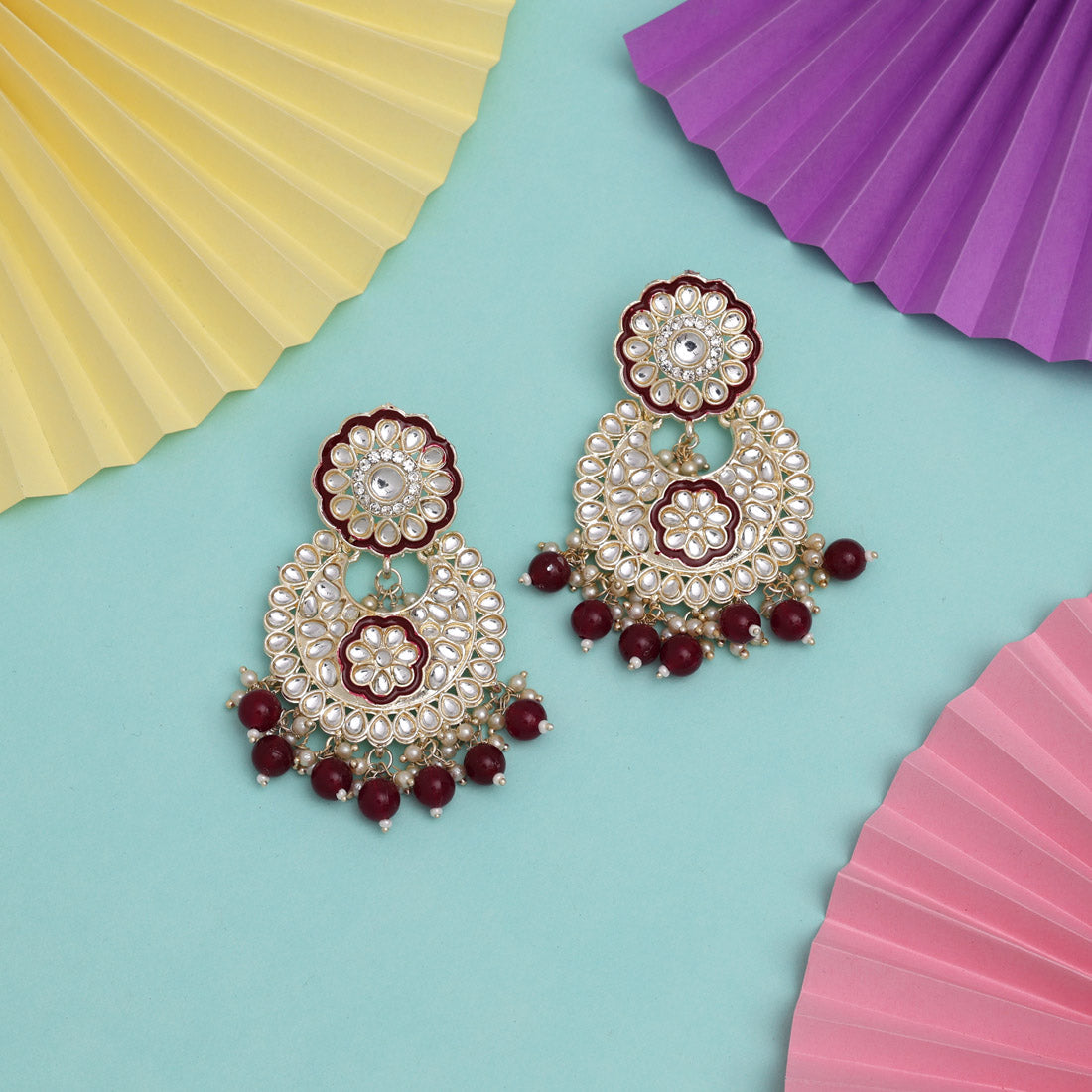 Maroon Color Kundan Meena Earrings (KDE836MRN) Earrings GetGlit   