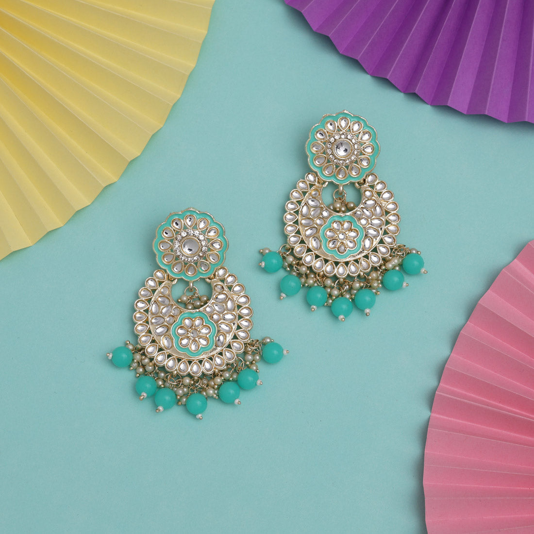 Rama Green Color Kundan Meena Earrings (KDE836RGRN) Earrings GetGlit   