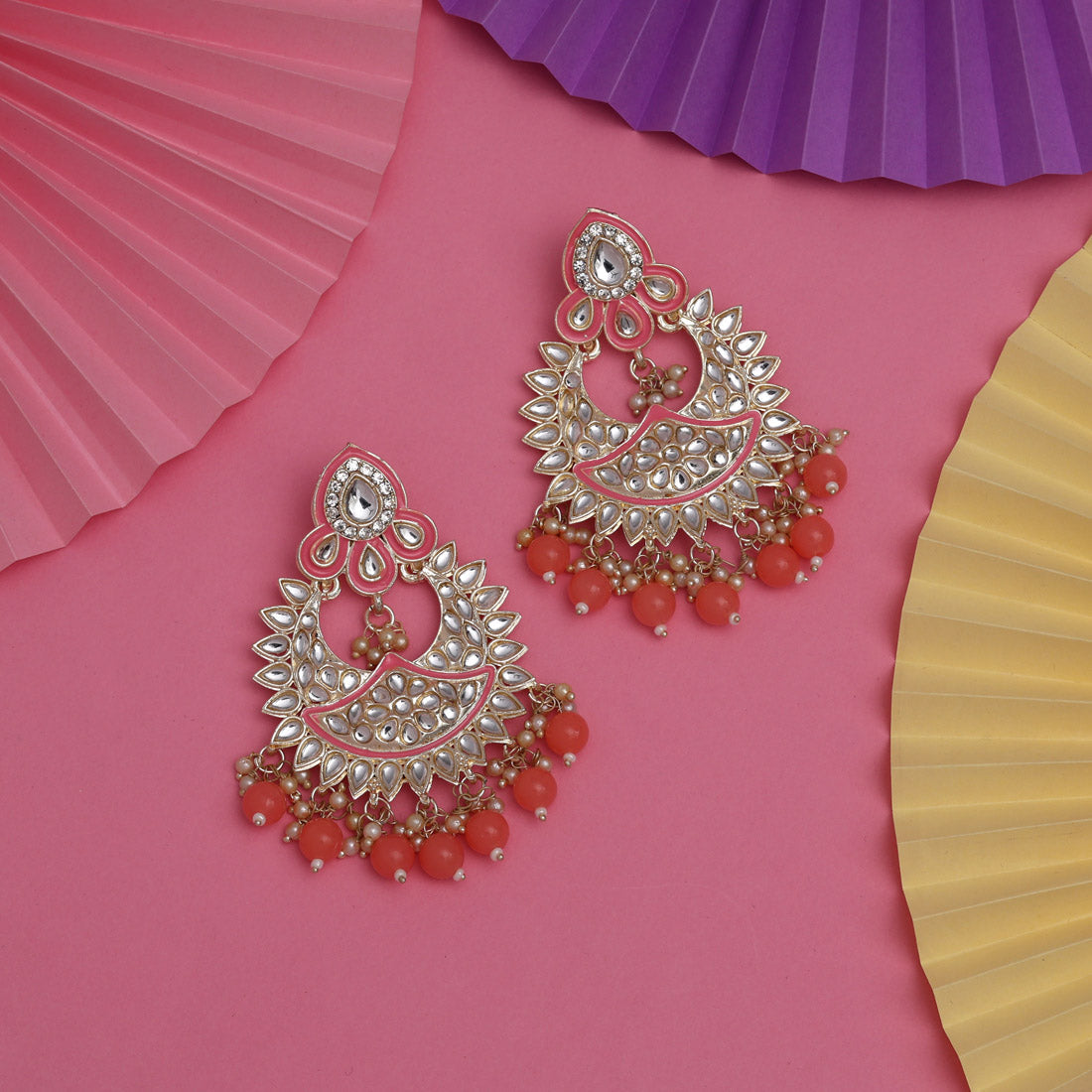 Dark Peach Color Kundan Meena Earrings (KDE837DPCH) Earrings GetGlit   