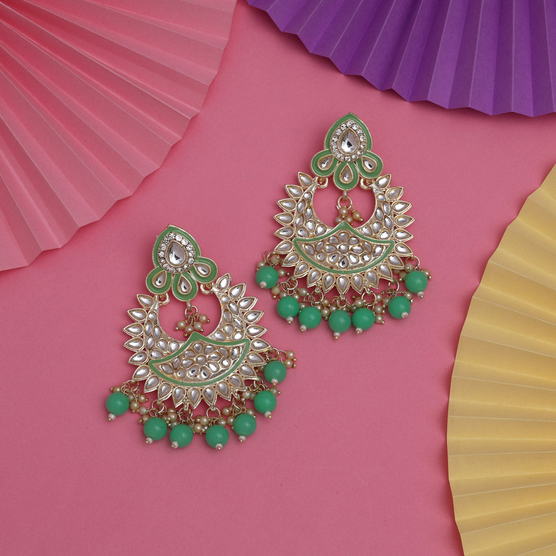 Parrot Green Color Kundan Meena Earrings (KDE837PGRN) Earrings GetGlit   