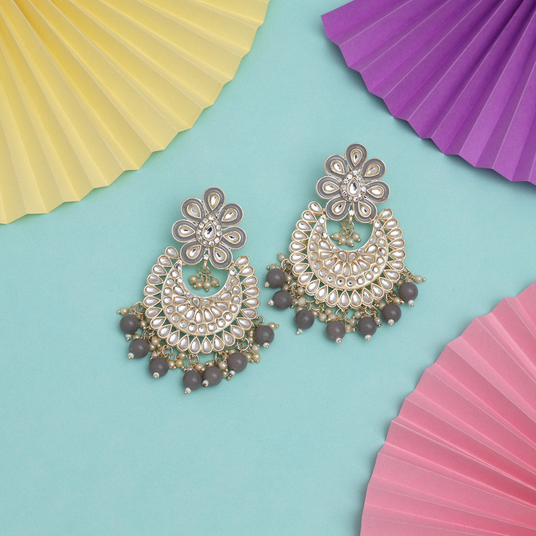 Gray Color Kundan Meena Earrings (KDE838GRY) Earrings GetGlit   