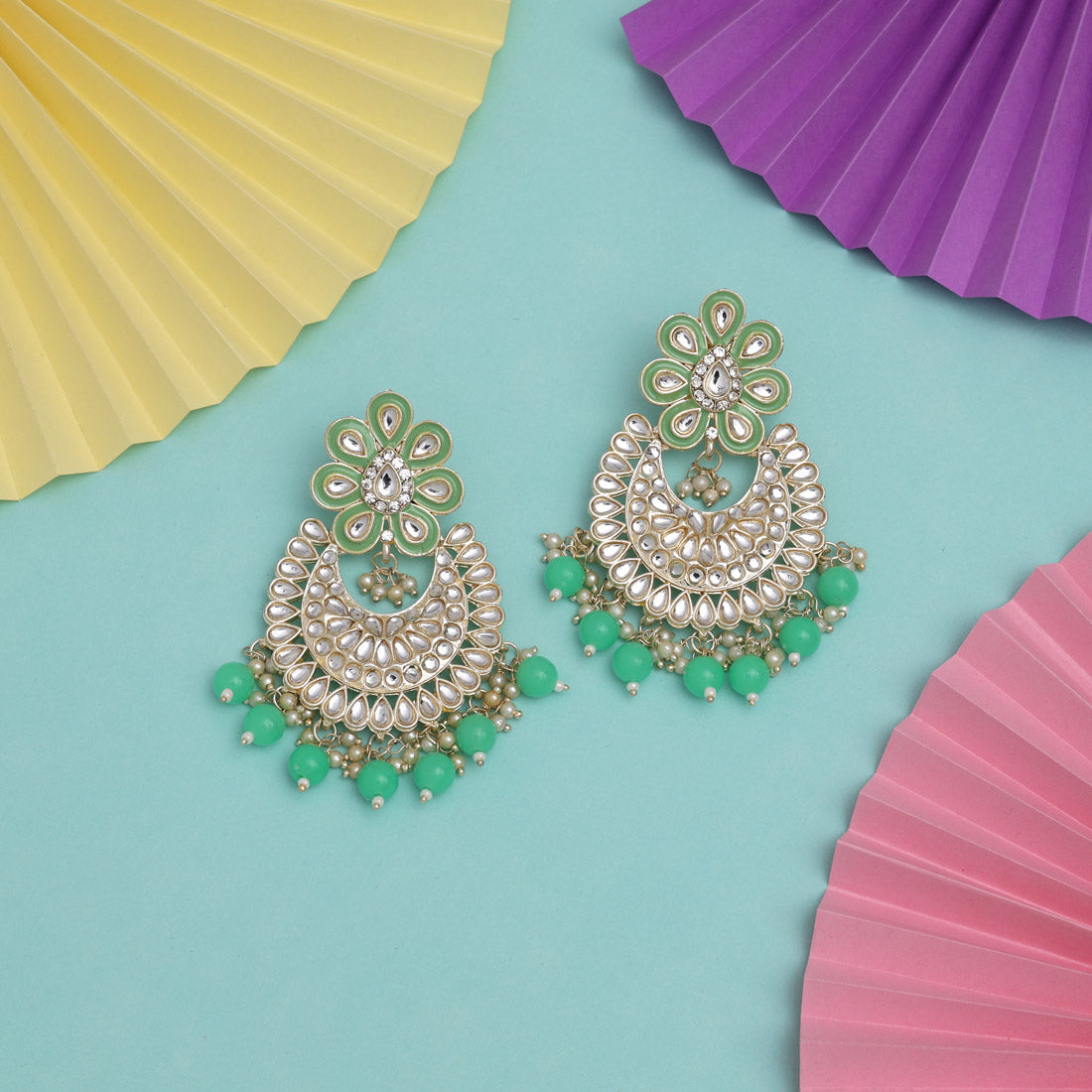 Parrot Green Color Kundan Meena Earrings (KDE838PGRN) Earrings GetGlit   