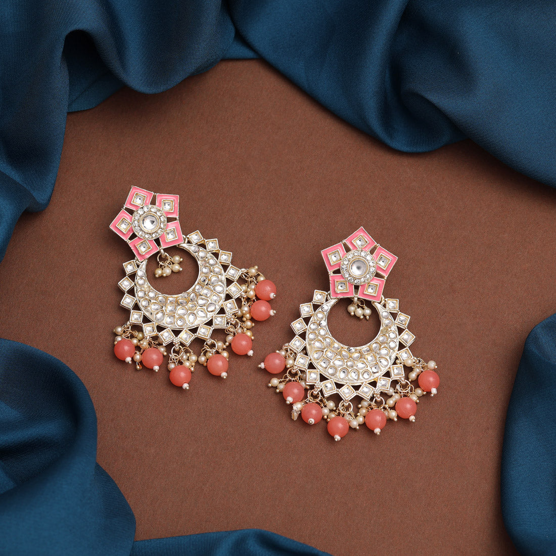 Dark Peach Color Kundan Meena Earrings (KDE840DPCH) Earrings GetGlit   