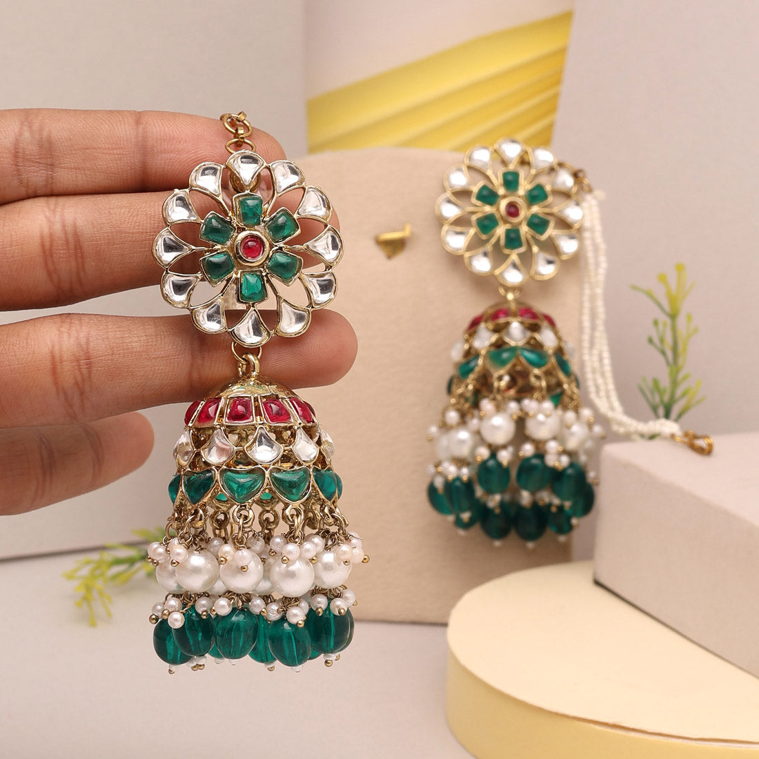Rani & Green Color Big Jhumka Kundan Earrings (KDE844RNIGRN) Jewellery GetGlit   