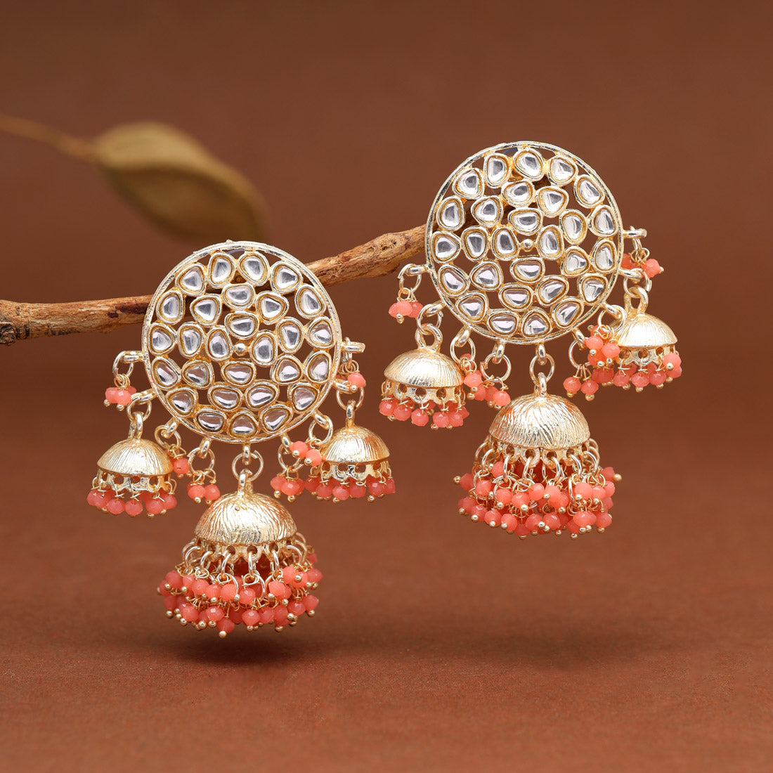 Dark Peach Color Kundan Earrings (KDE846DPCH) Earrings GetGlit   