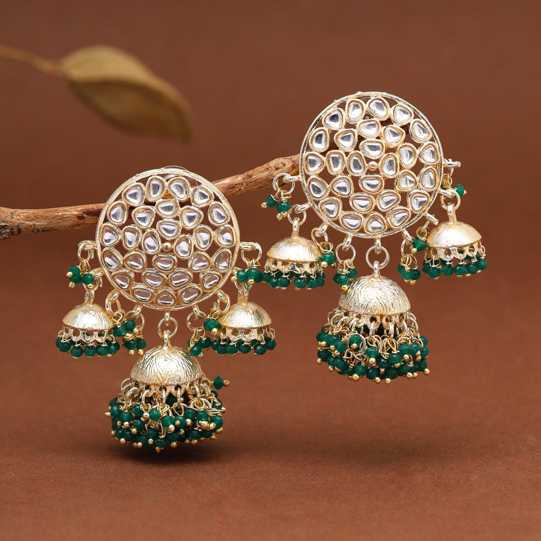 Green Color Kundan Earrings (KDE846GRN) Earrings GetGlit   