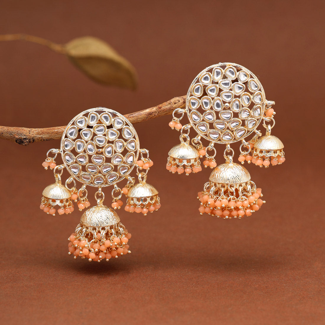 Peach Color Kundan Earrings (KDE846PCH) Earrings GetGlit   