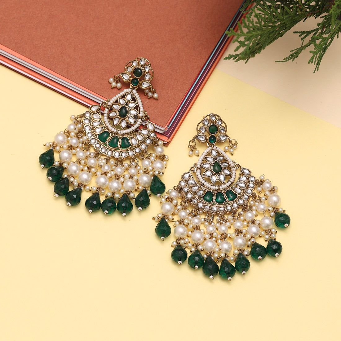 Green Color Kundan Earrings (KDE848GRN) Earrings GetGlit   