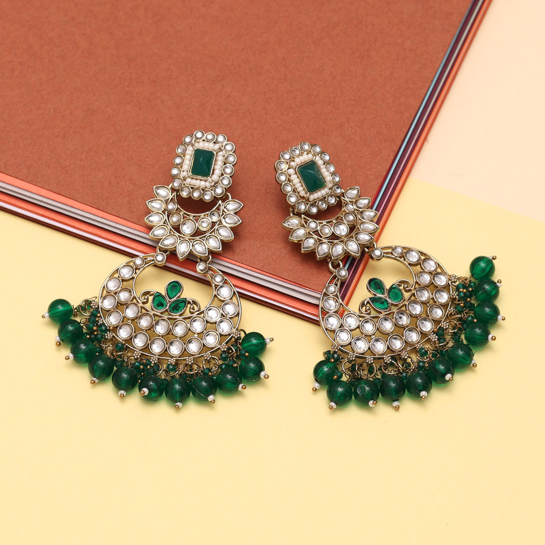 Green Color Kundan Earrings (KDE850GRN) Earrings GetGlit   