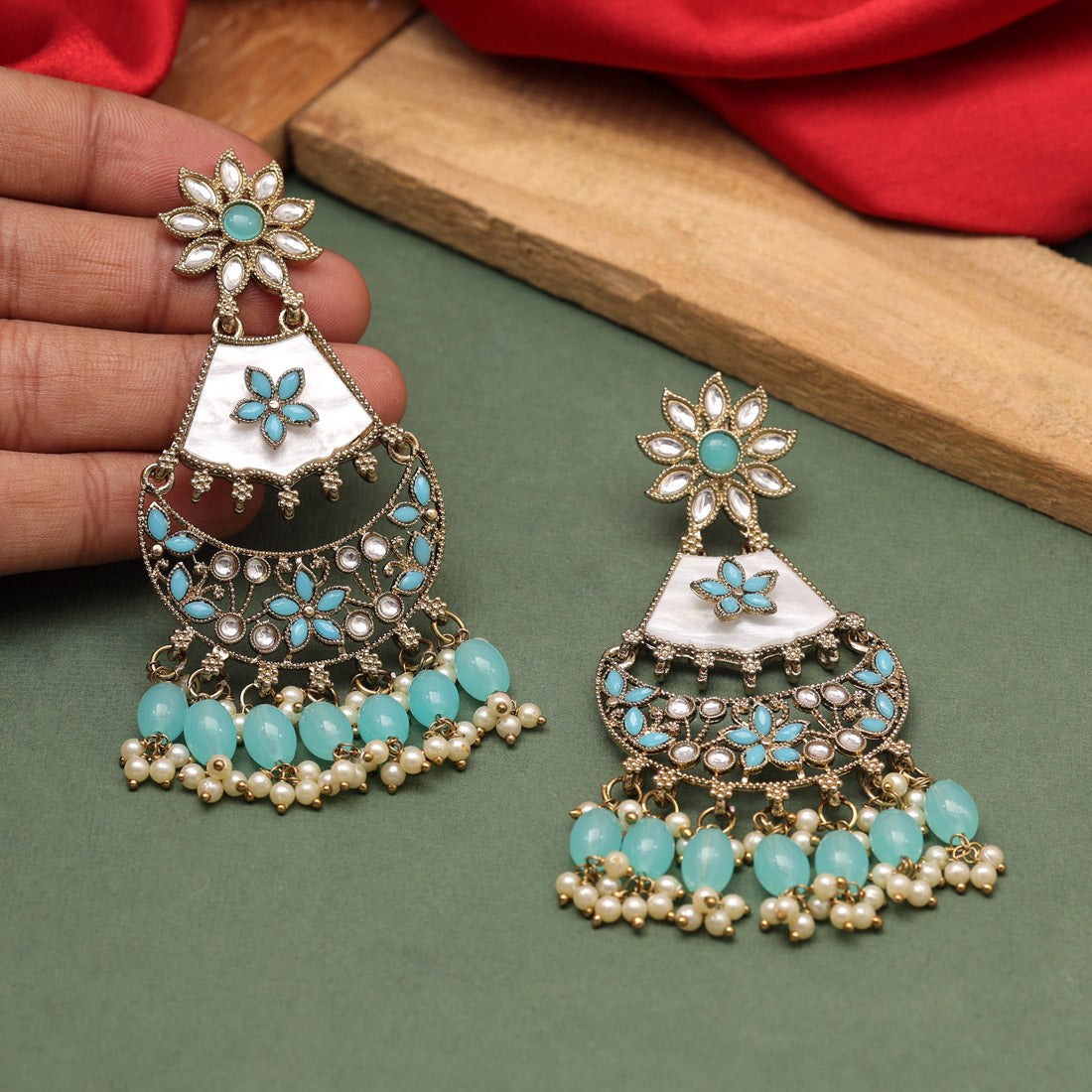 Firozi Color Kundan Earrings (KDE916FRZ) Jewellery GetGlit