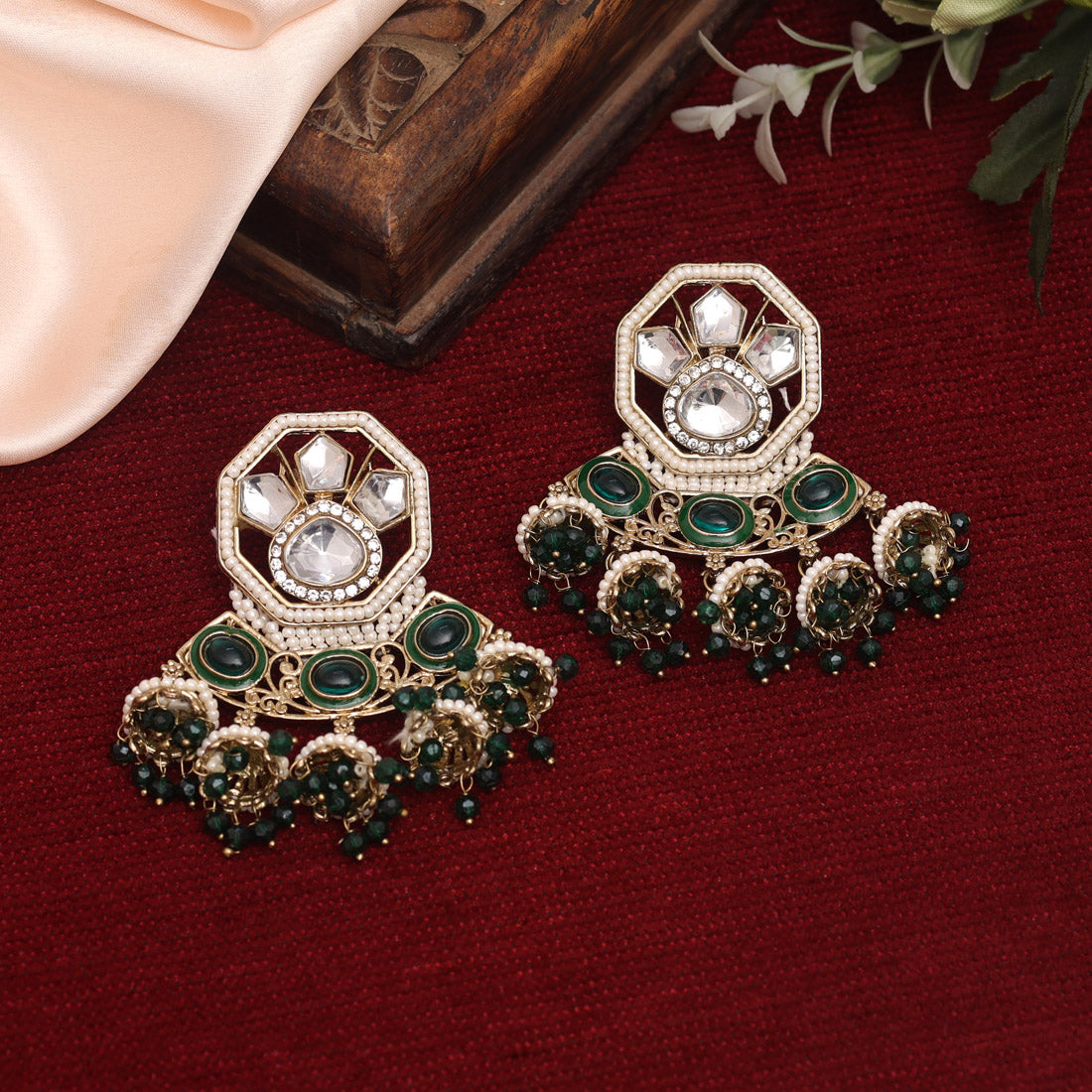 Green Color Kundan Earrings (KDE917GRN) Earrings GetGlit   