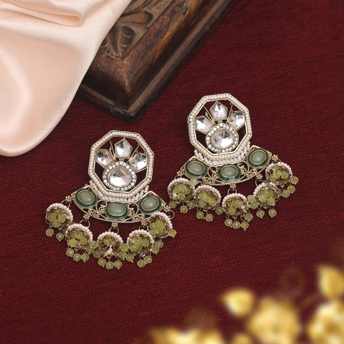 Pista Green Color Kundan Earrings (KDE917PGRN) Earrings GetGlit   