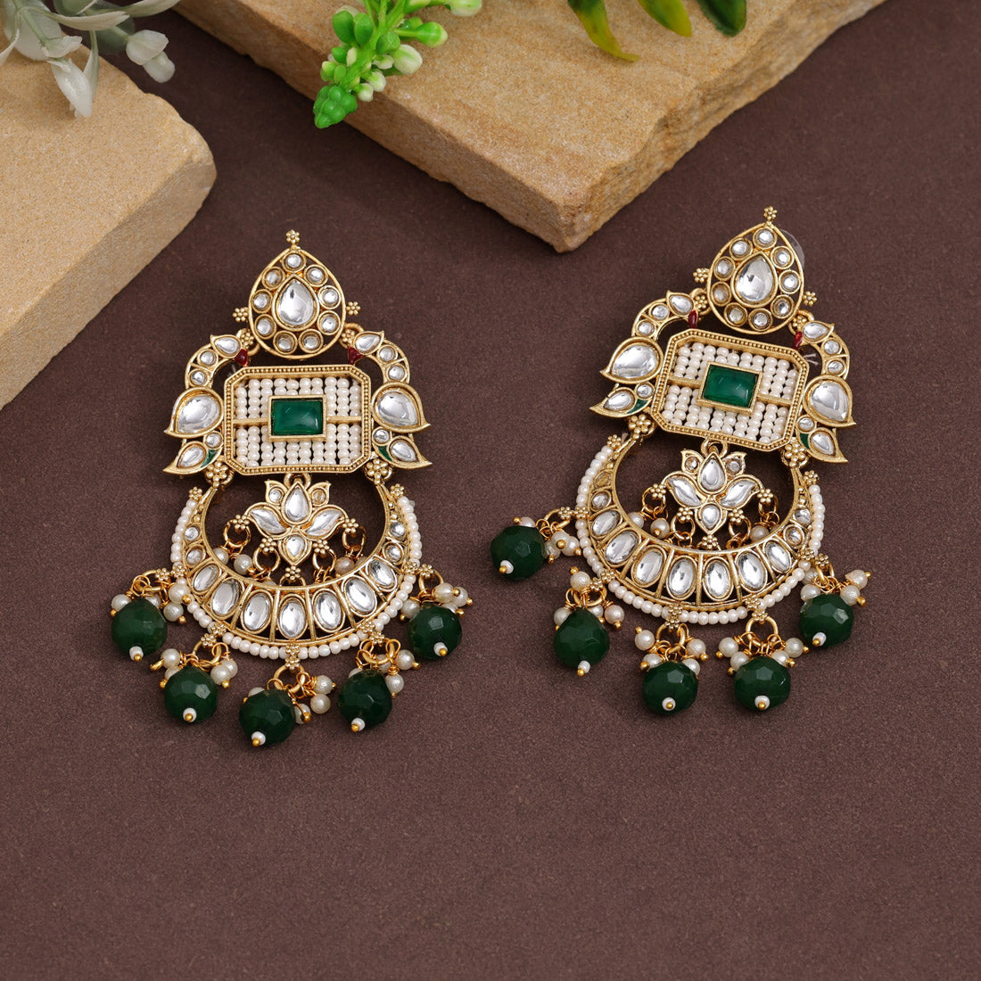 Green Color Kundan Earrings (KDE921GRN) Earrings GetGlit   