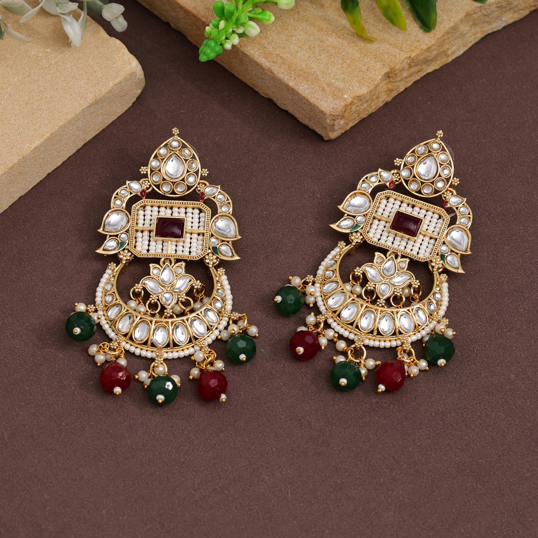 Maroon & Green Color Kundan Earrings (KDE921MG) Earrings GetGlit   