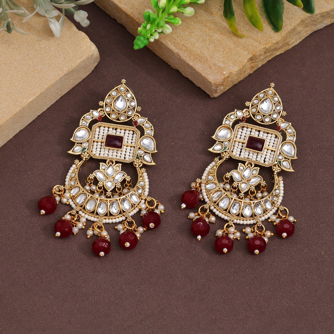 Maroon Color Kundan Earrings (KDE921MRN) Earrings GetGlit   