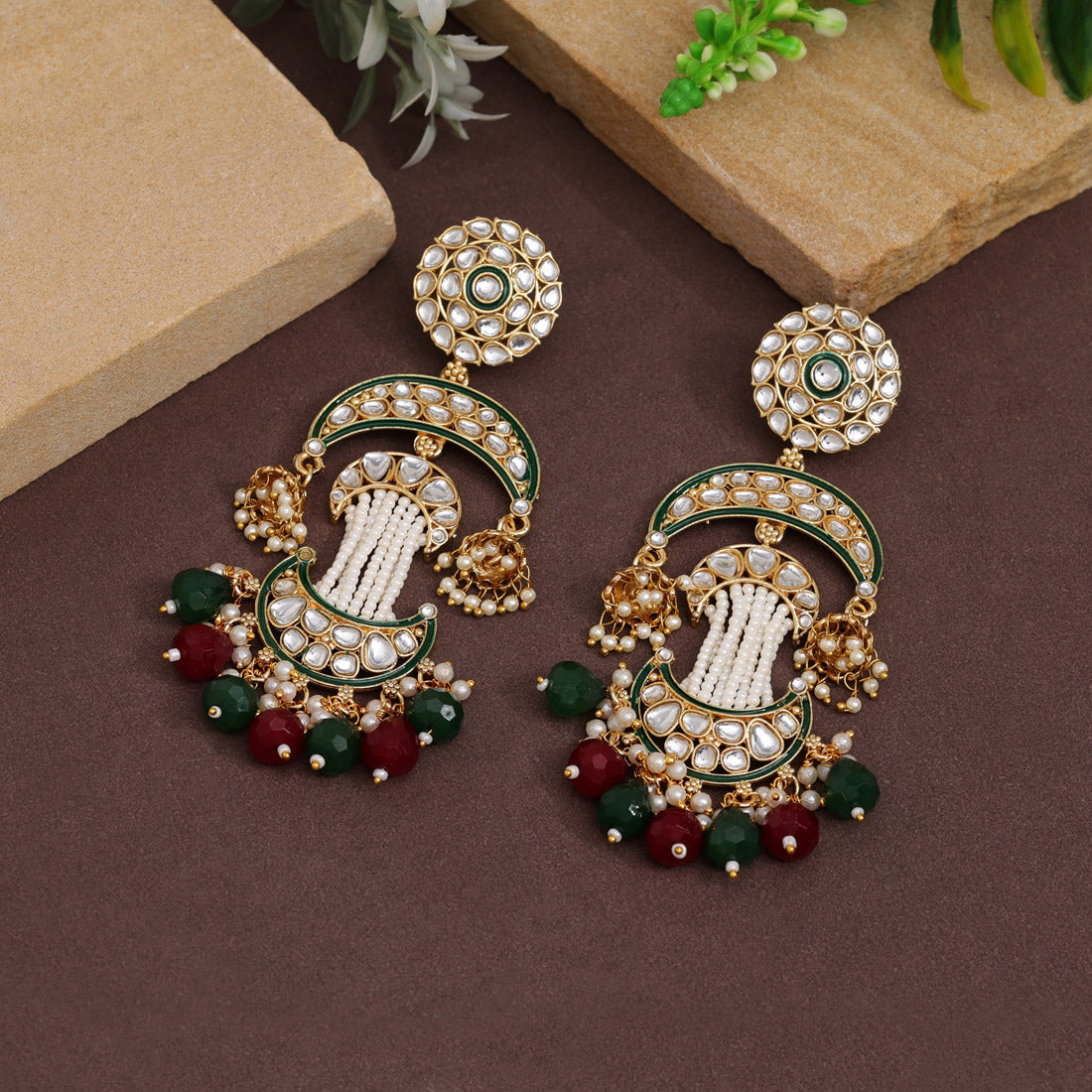 Maroon & Green Color Kundan Earrings (KDE923MG) Earrings GetGlit   