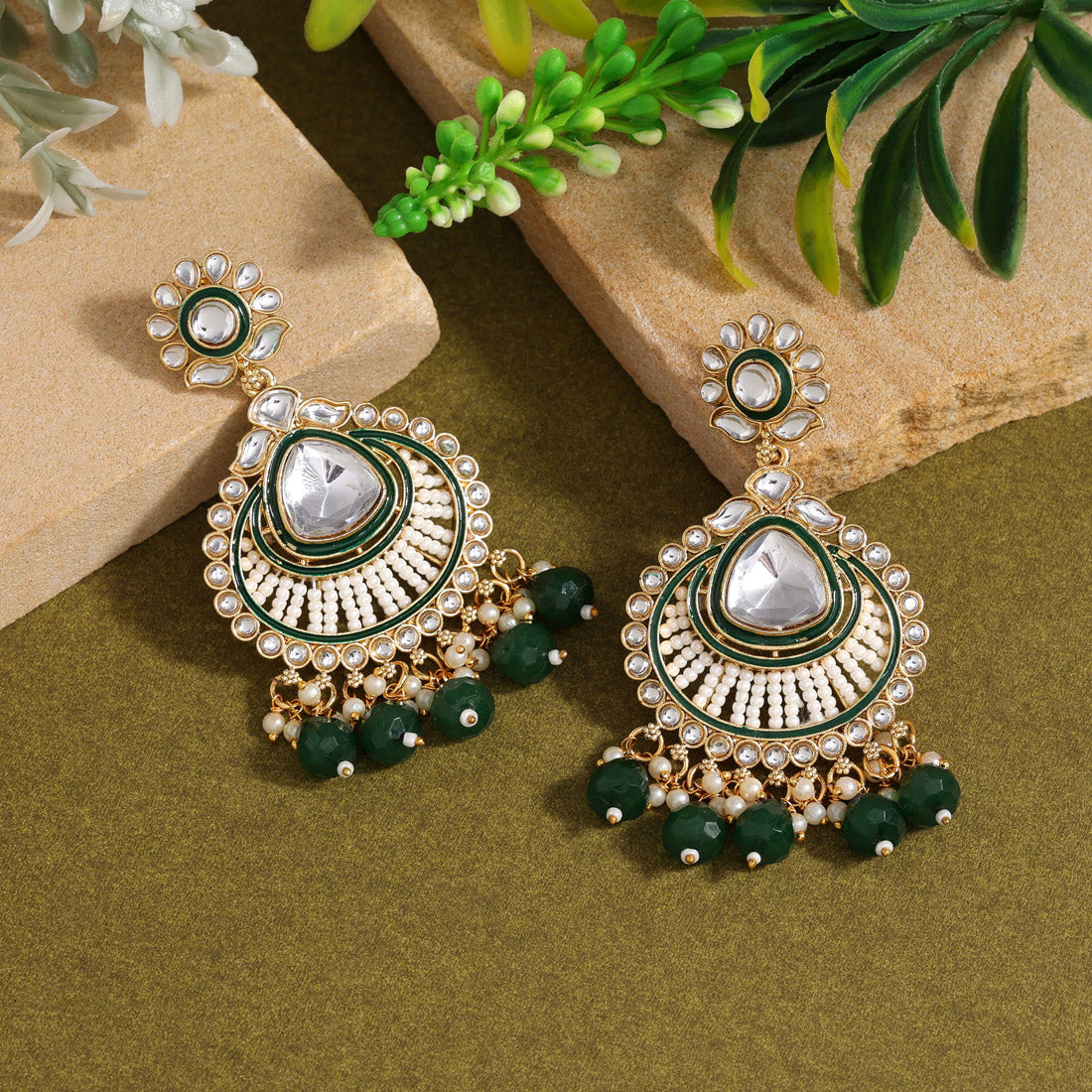 Green Color Kundan Earrings (KDE924GRN) Earrings GetGlit   