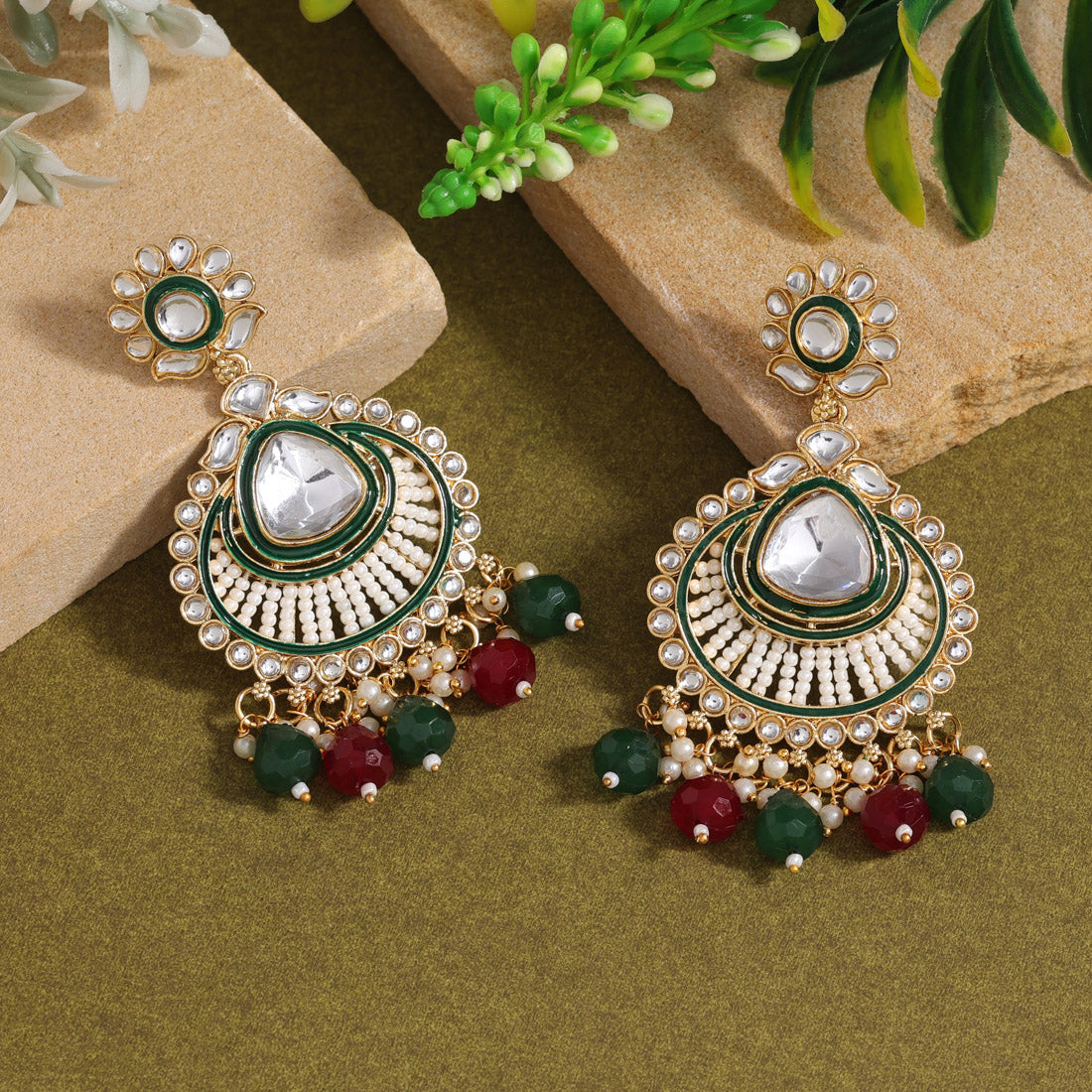 Maroon & Green Color Kundan Earrings (KDE924MG) Earrings GetGlit   