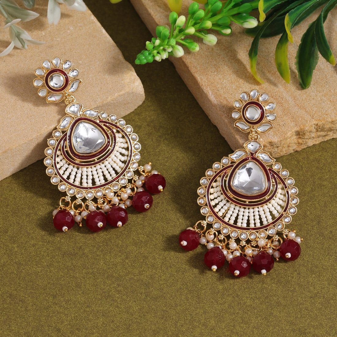 Maroon Color Kundan Earrings (KDE924MRN) Earrings GetGlit   