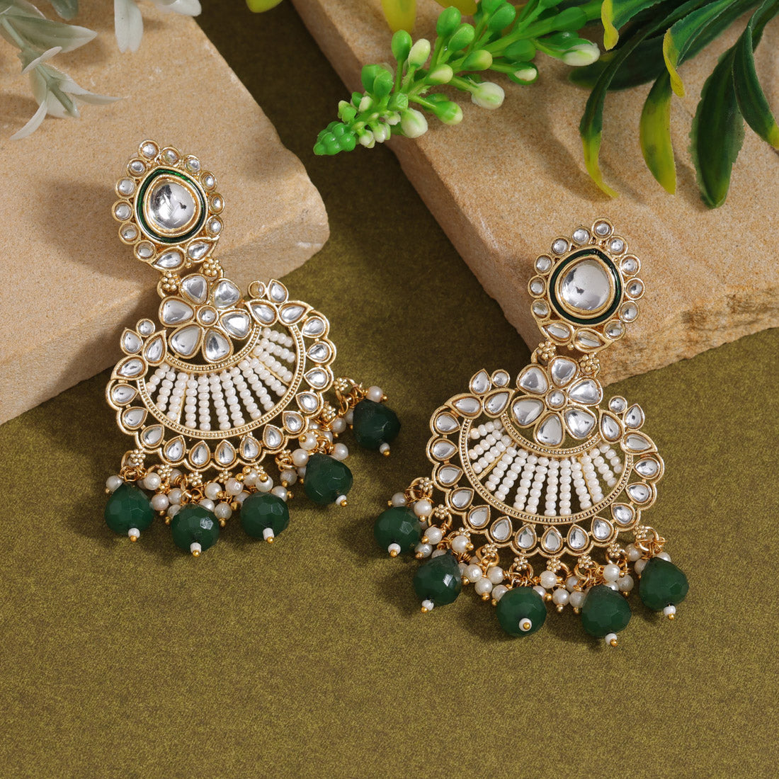 Green Color Kundan Earrings (KDE925GRN) Earrings GetGlit   