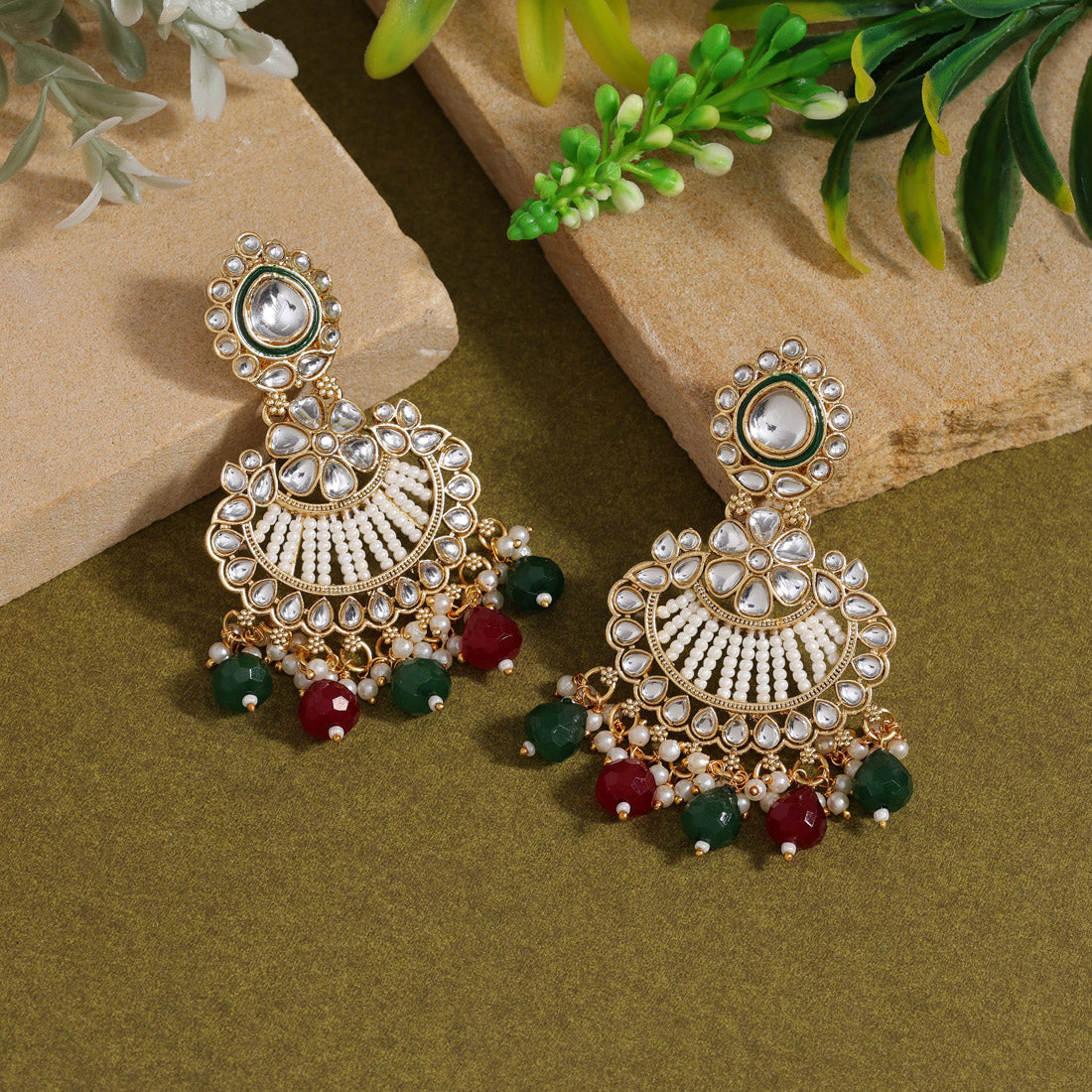 Maroon & Green Color Kundan Earrings (KDE925MG) Earrings GetGlit   