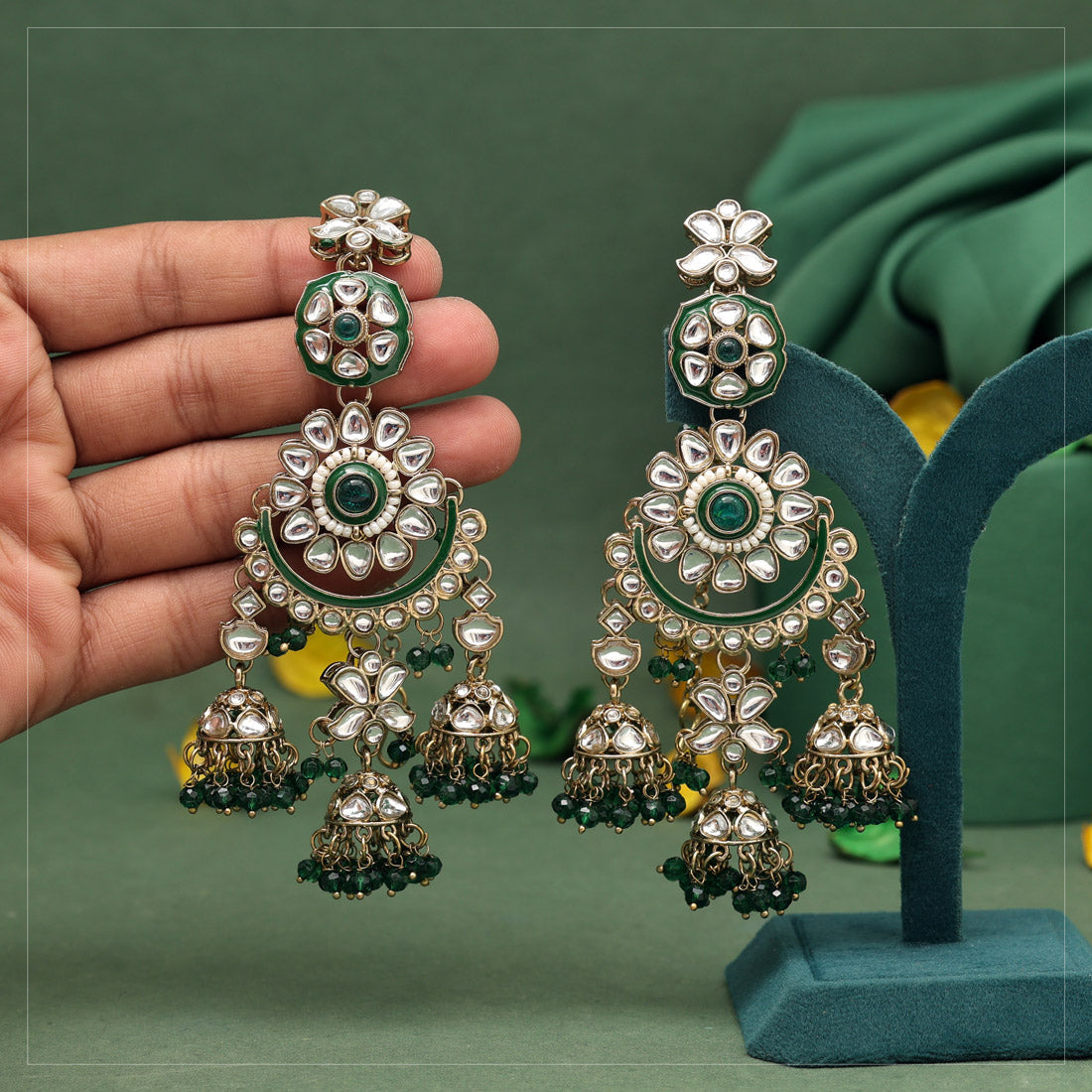 Green Color Kundan Earrings (KDE926GRN) Earrings GetGlit   