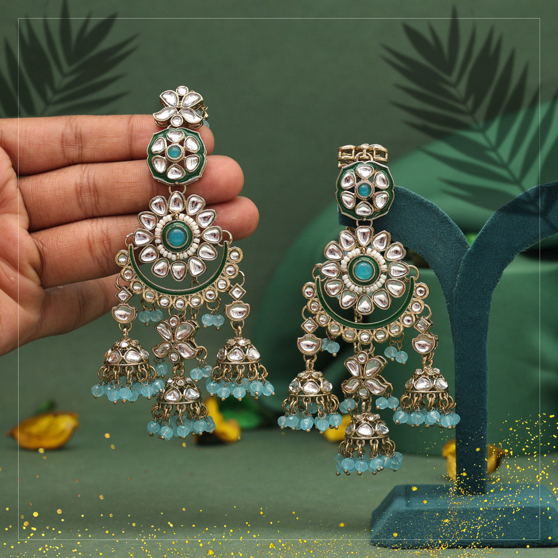 Sky Blue Color Kundan Earrings (KDE926SBLU) Earrings GetGlit   