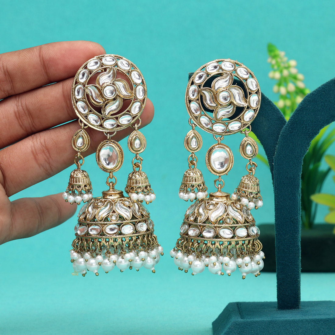 White Color Big Size Jhumka Kundan Earrings (KDE958WHT) Jewellery GetGlit   