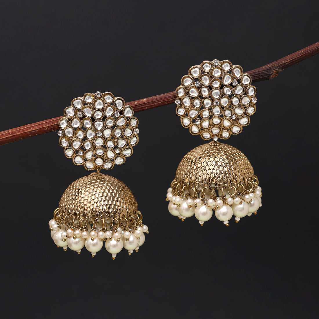 White Color Big Size Jhumka Kundan Earrings (KDE962WHT)