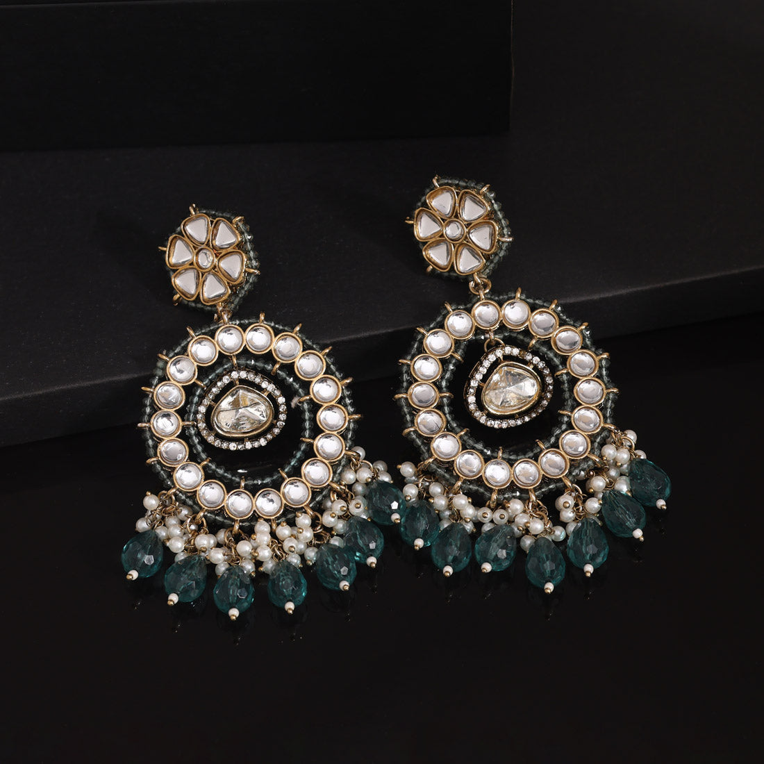 Bottle Green Color Kundan Earrings (KDE965BGRN) Jewellery GetGlit