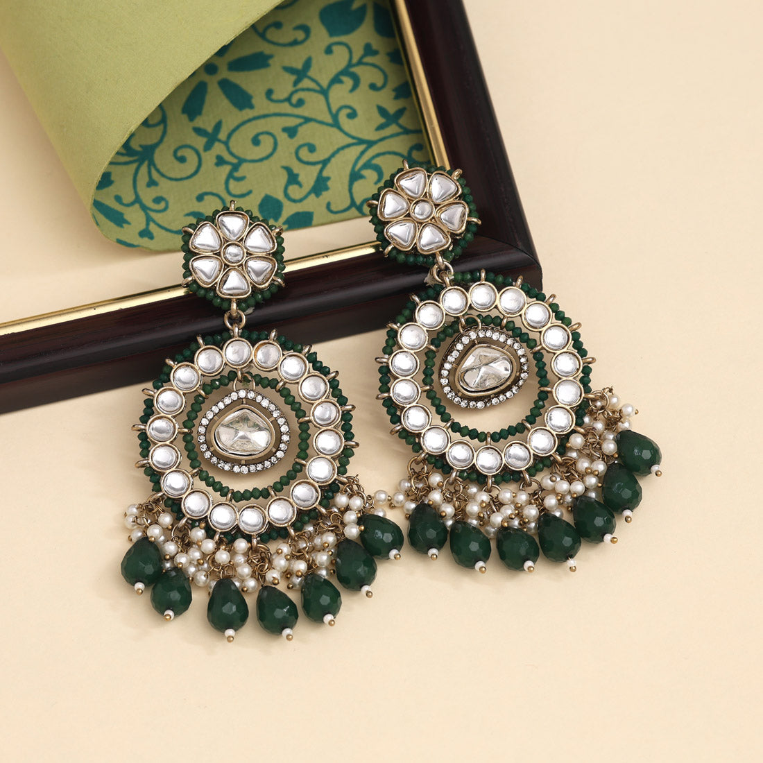 Green Color Kundan Earrings (KDE965GRN) Jewellery GetGlit