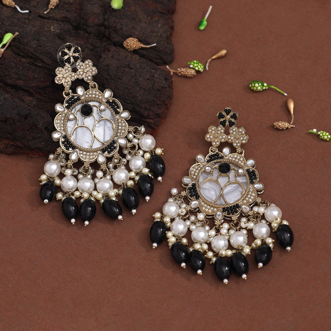 Black Color Mother Of Pearl Kundan Earrings (KDE970BLK)