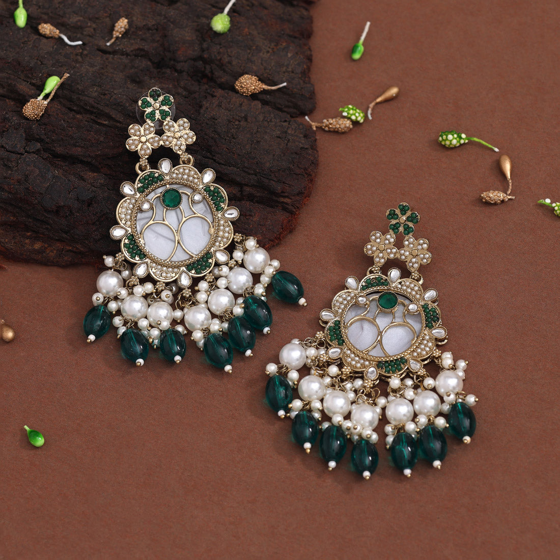 Green Color Mother Of Pearl Kundan Earrings (KDE970GRN) Jewellery GetGlit