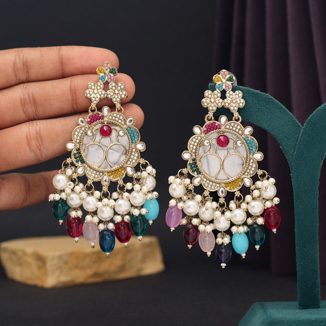 Multi Color Mother Of Pearl Kundan Earrings (KDE970MLT) Jewellery GetGlit