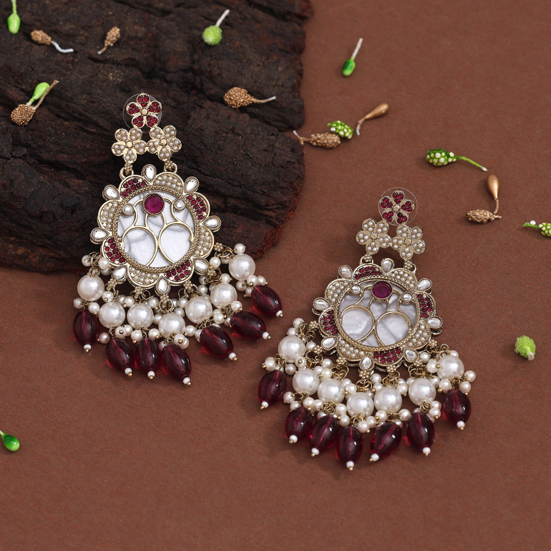 Magenta Color Mother Of Pearl Kundan Earrings (KDE970MNT) Jewellery GetGlit