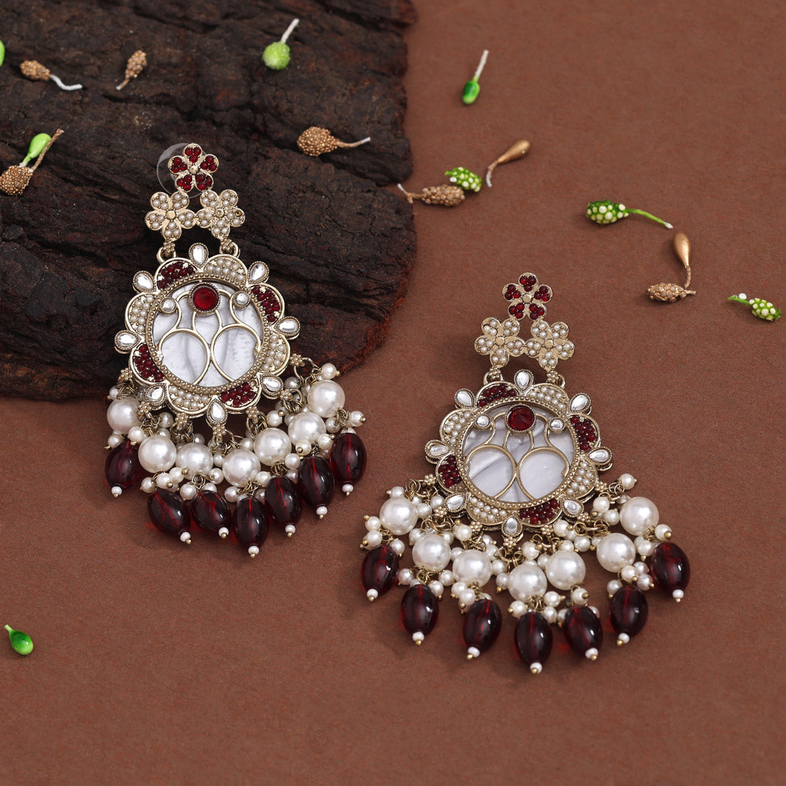 Maroon Color Mother Of Pearl Kundan Earrings (KDE970MRN) Jewellery GetGlit