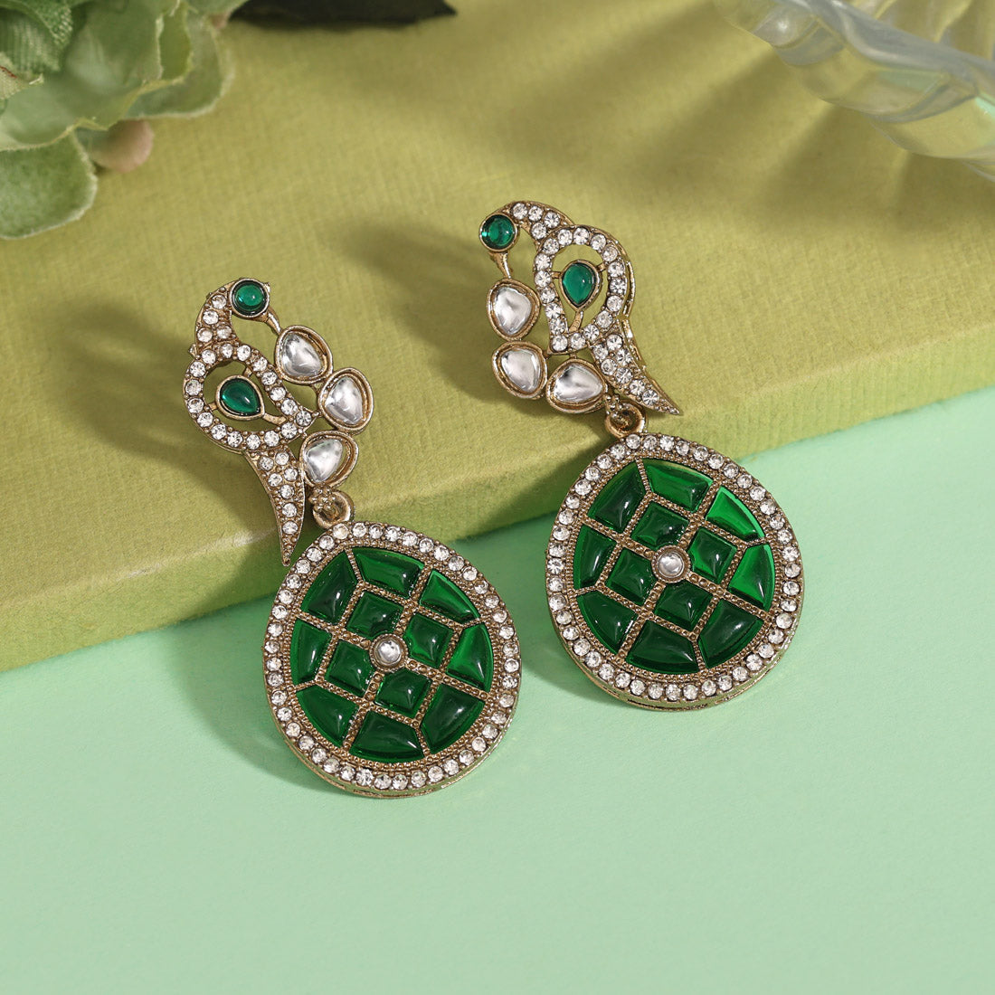 Green Color Kundan Earrings (KDE971GRN) Jewellery GetGlit   