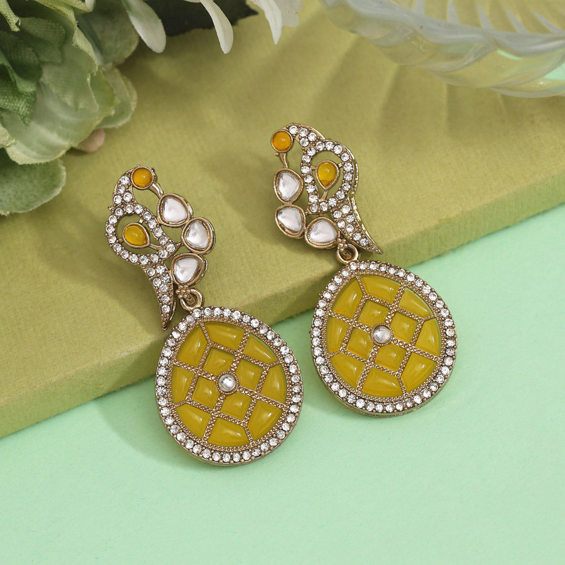 Yellow Color Kundan Earrings (KDE971YLW) Jewellery GetGlit