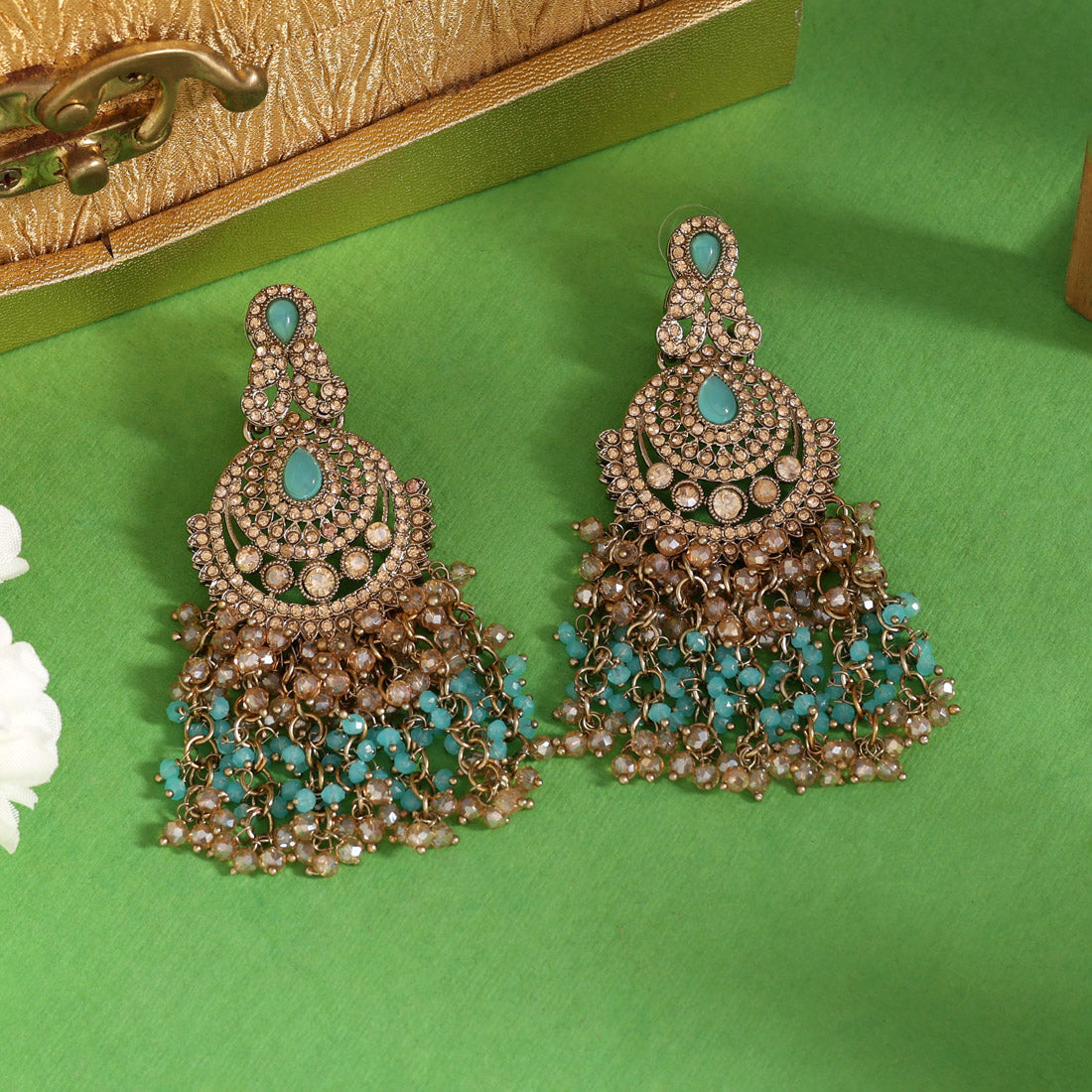 Firozi Color Kundan Pakistani Earrings (KDE980FRZ)