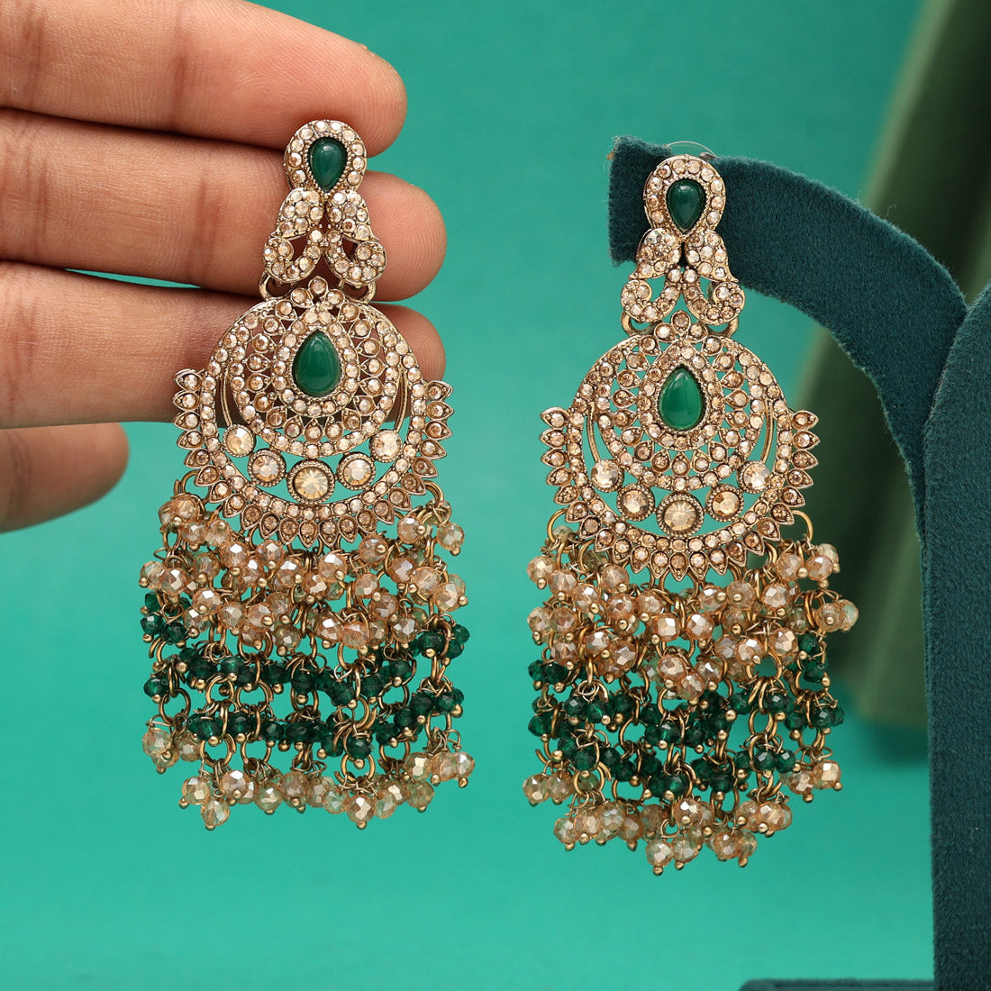 Green Color Kundan Pakistani Earrings (KDE980GRN) Jewellery GetGlit