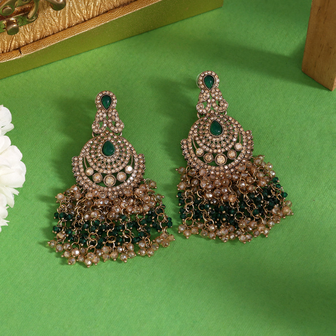 Green Color Kundan Pakistani Earrings (KDE980GRN) Jewellery GetGlit