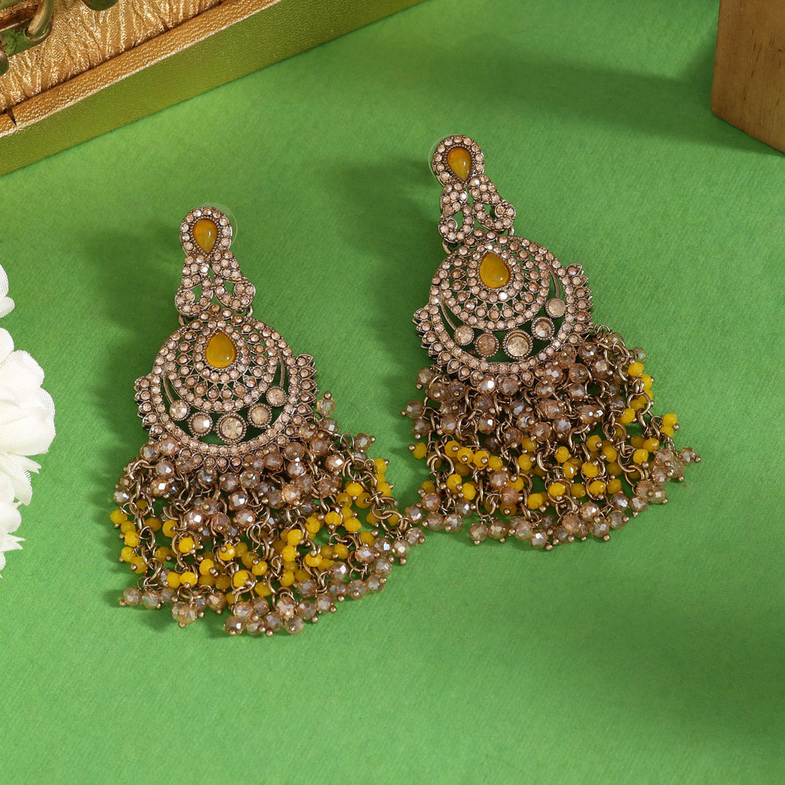 Yellow Color Kundan Pakistani Earrings (KDE980YLW) Jewellery GetGlit