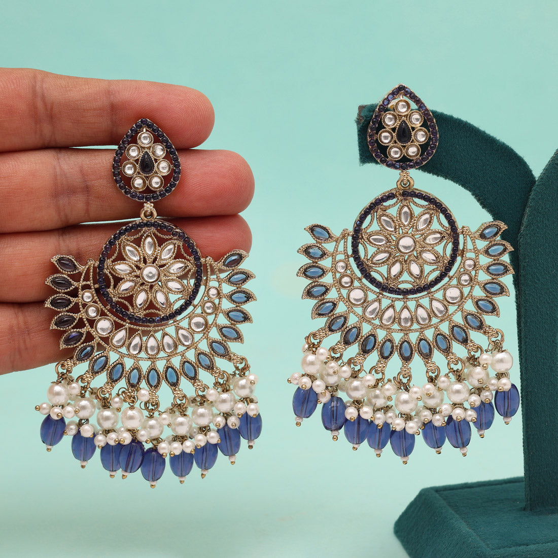 Blue Color Kundan Pakistani Earrings (KDE982BLU) Jewellery GetGlit