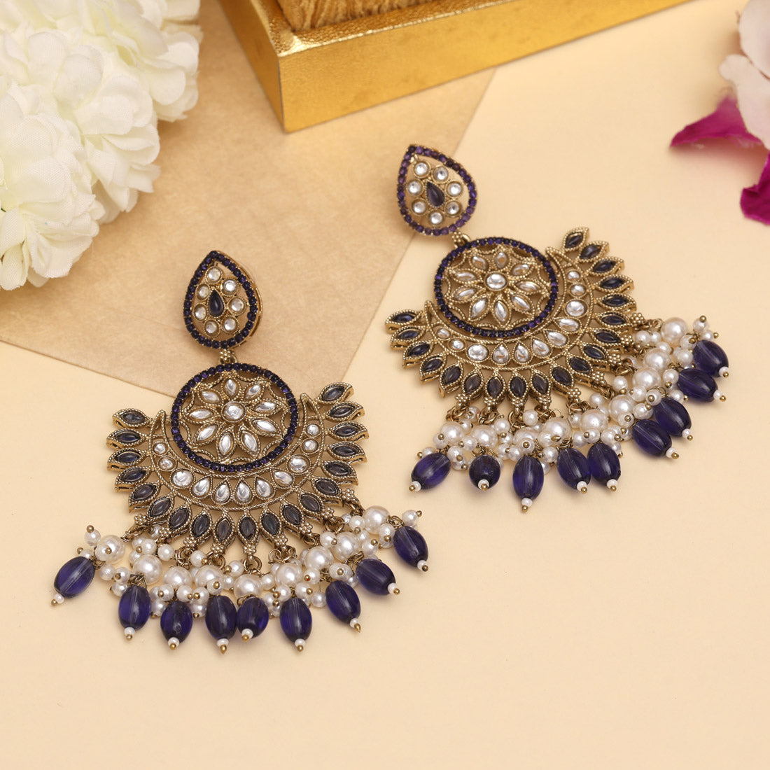 Blue Color Kundan Pakistani Earrings (KDE982BLU)