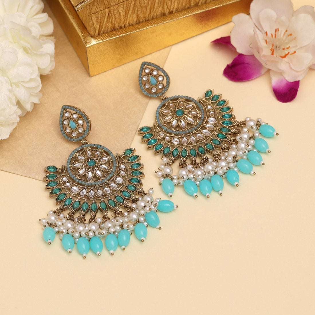 Firozi Color Kundan Pakistani Earrings (KDE982FRZ)