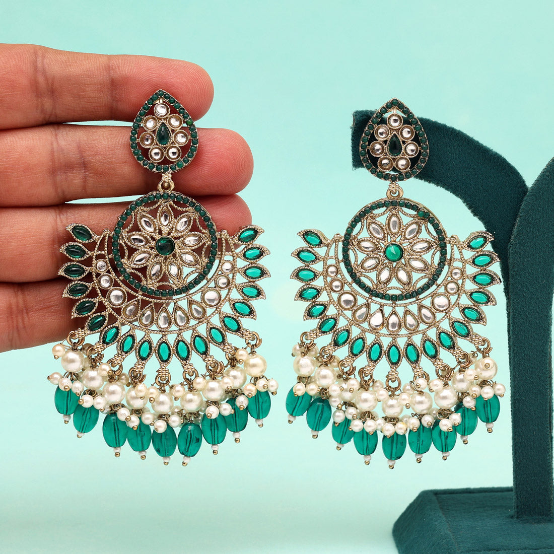 Green Color Kundan Pakistani Earrings (KDE982GRN) Jewellery GetGlit