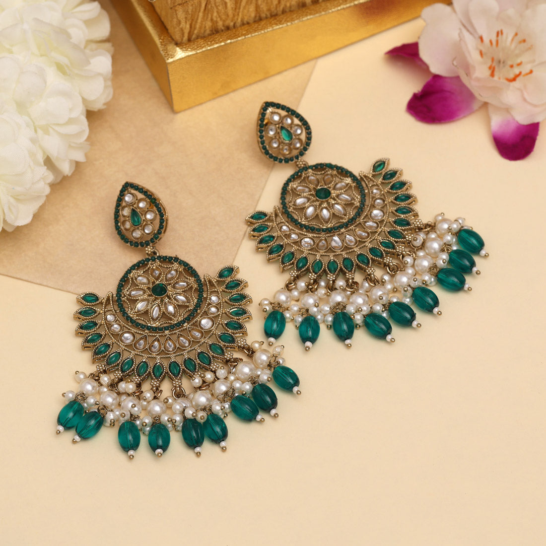 Green Color Kundan Pakistani Earrings (KDE982GRN) Jewellery GetGlit