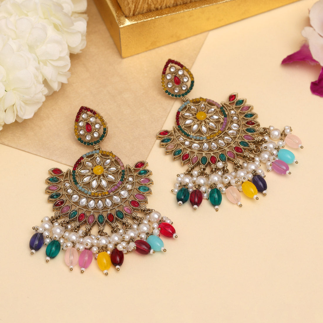 Multi Color Kundan Pakistani Earrings (KDE982MLT) Jewellery GetGlit