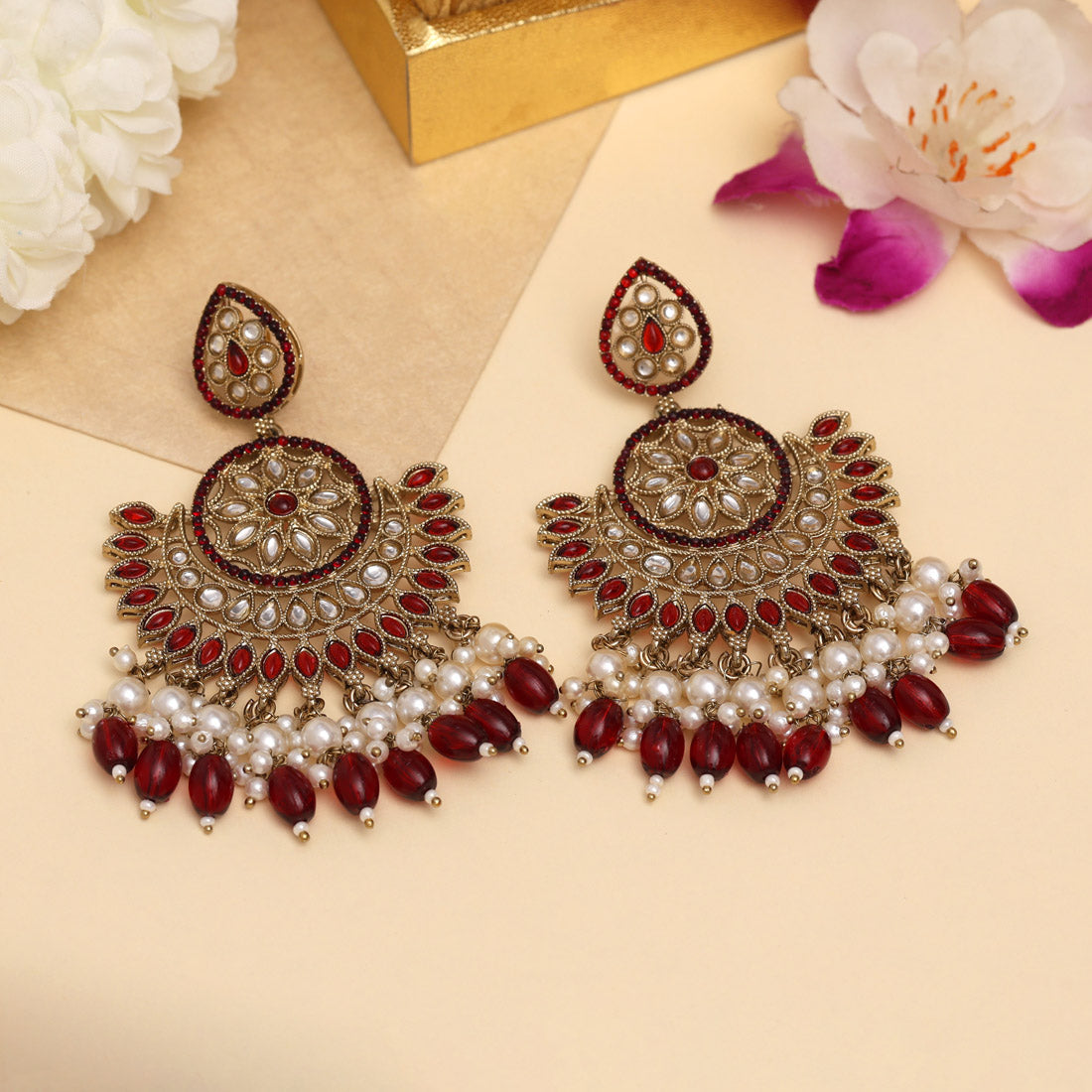 Maroon Color Kundan Pakistani Earrings (KDE982MRN) Jewellery GetGlit